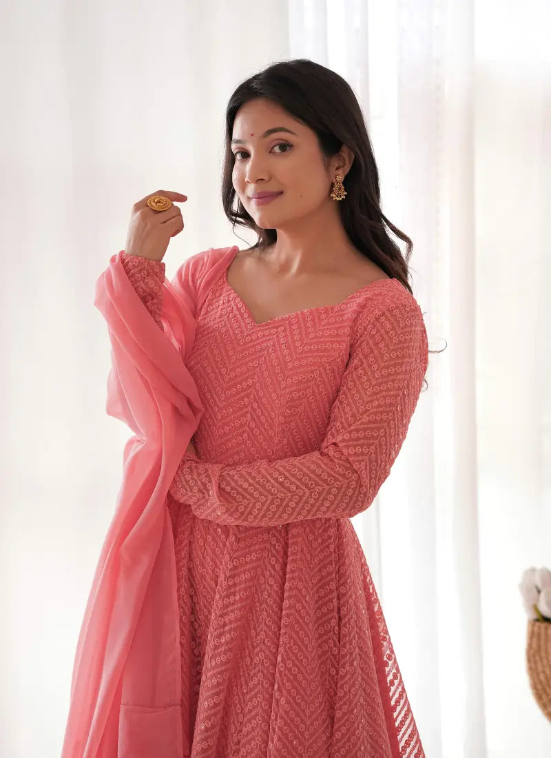 Classic Lucknowi Georgette Fabric Anarkali Suit Peach