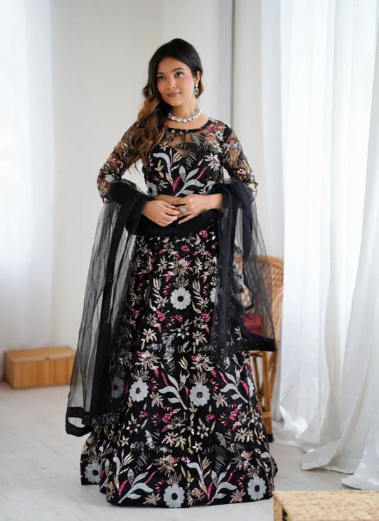 Premium Butterfly Net Lehenga Black