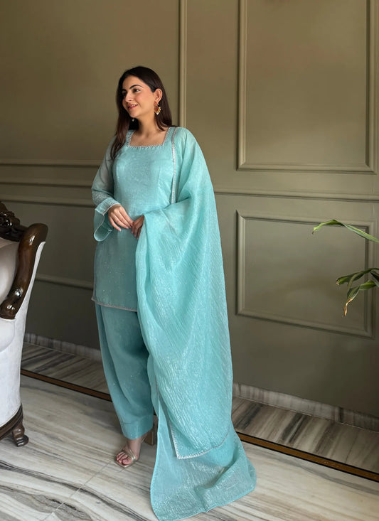 Sky Blue Crunchy Silk Salwar Suit