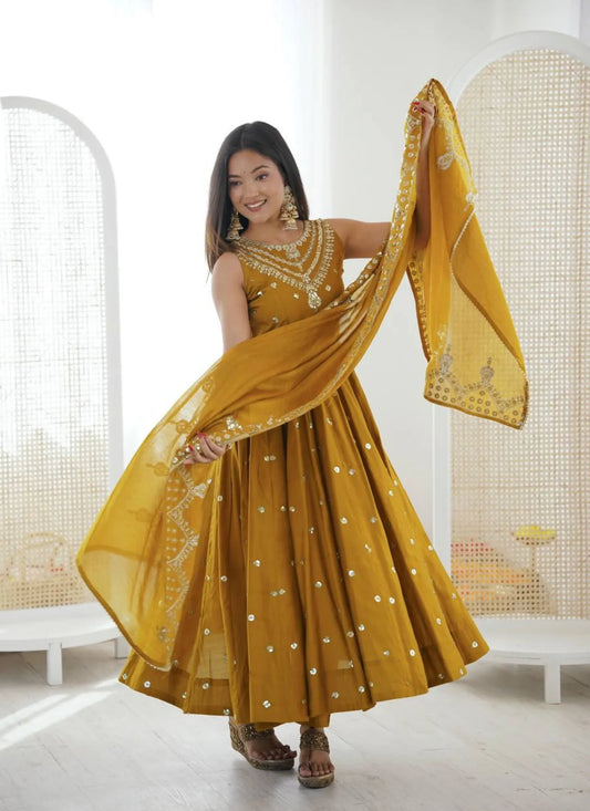 Mustard Roman Silk Embroidery Anarkali Suit