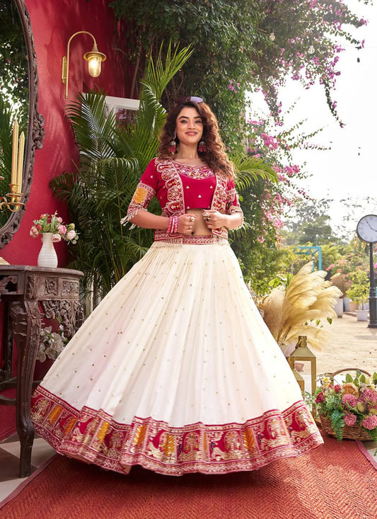 Red Pure Vichitra Silk Embroidery Lehenga Choli