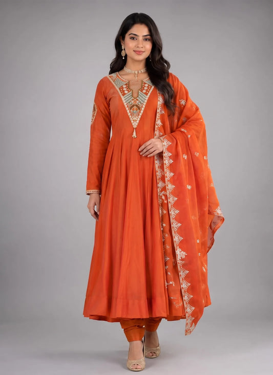 Orange Roman Silk Embroidery Sequence Anarkali Suit