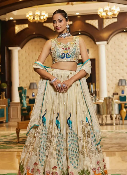 Premium Chinon Silk Lehenga Peacock