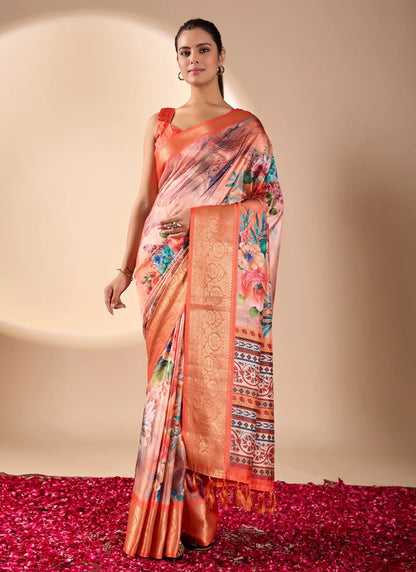 Floral Print Soft Lichi Silk Saree Orange