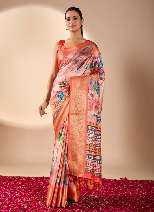 Floral Print Soft Lichi Silk Saree Orange