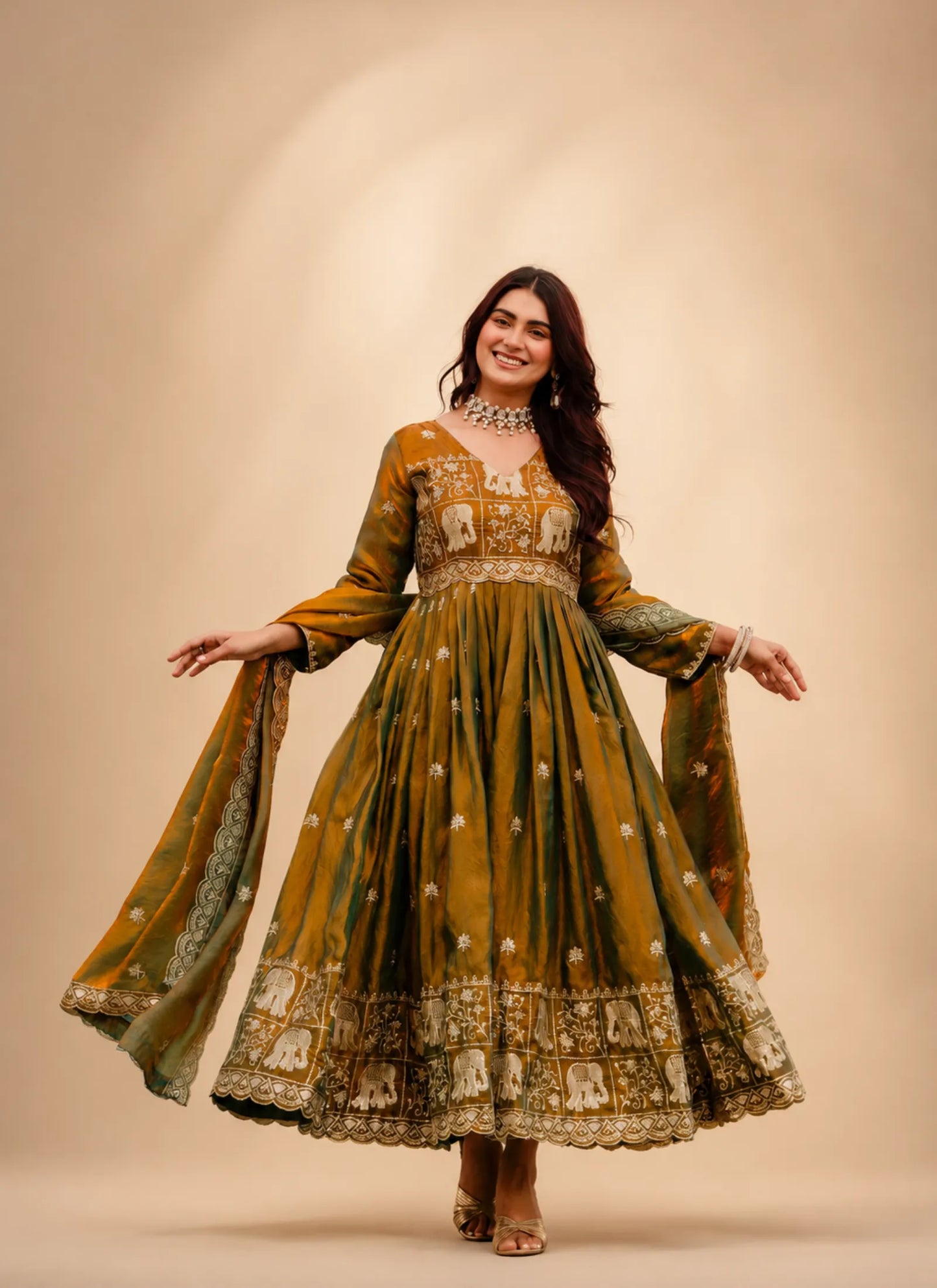 Muddy Green Embroidered Fendy Satin Gown