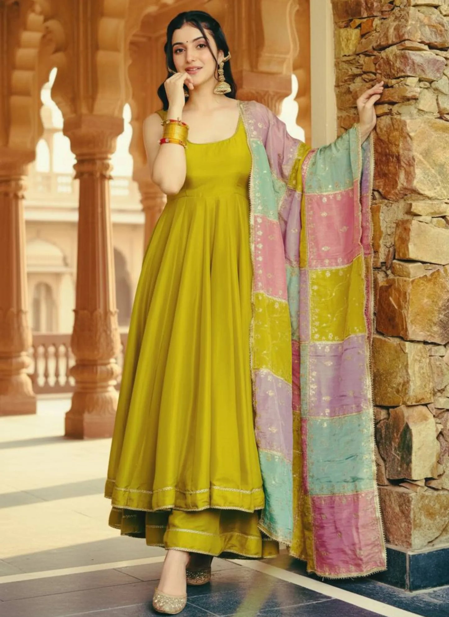 Mehndi Anarkali Suit With Multicolor Dupatta