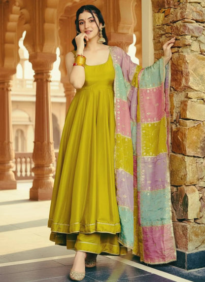 Mehndi Anarkali Suit With Multicolor Dupatta
