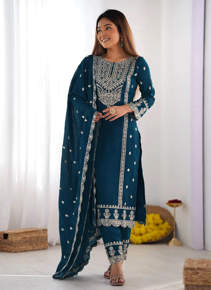 Tesla Silk Embroidery Kurta Set Teal