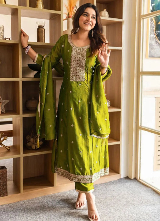 Designer Vichitra Silk Anarkali Kurti Green