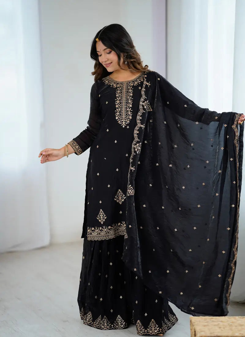 Pure Soft Crunchy Silk Fabric Sharara Black