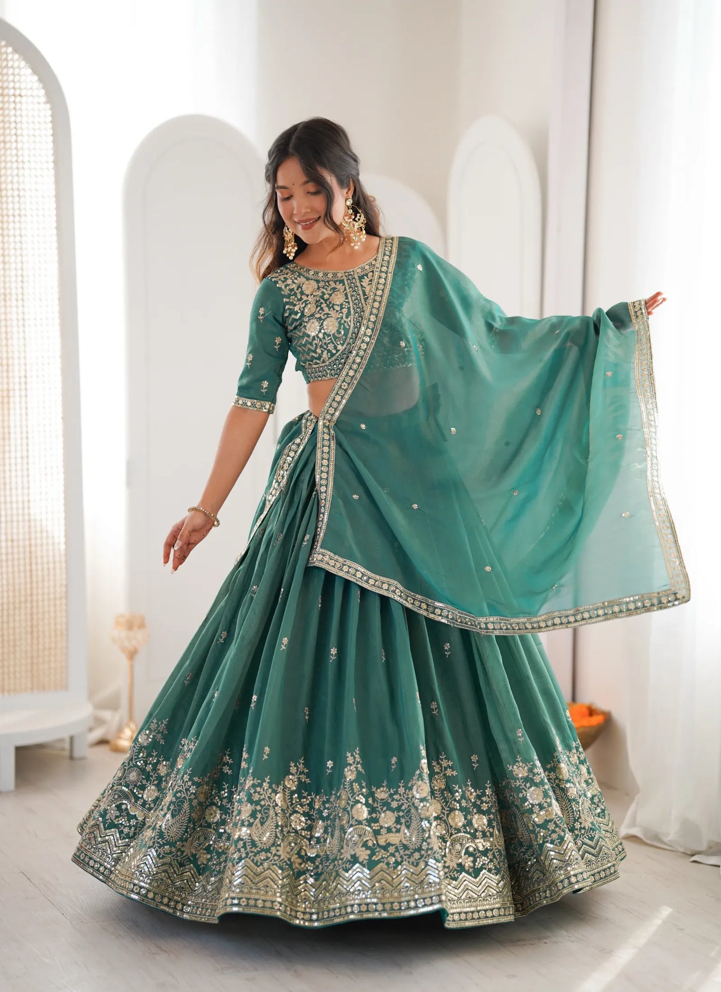 Green Heavy Simmer Silk Lehenga Choli