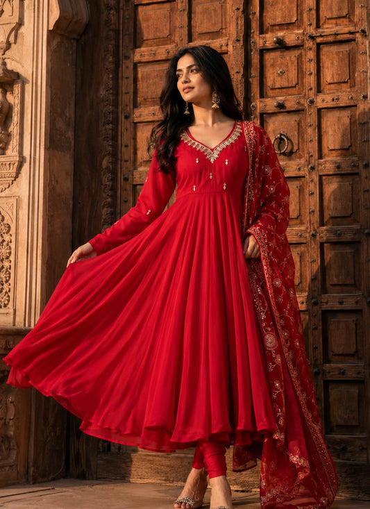 Red Elegant Embroidered Anarkali Suit