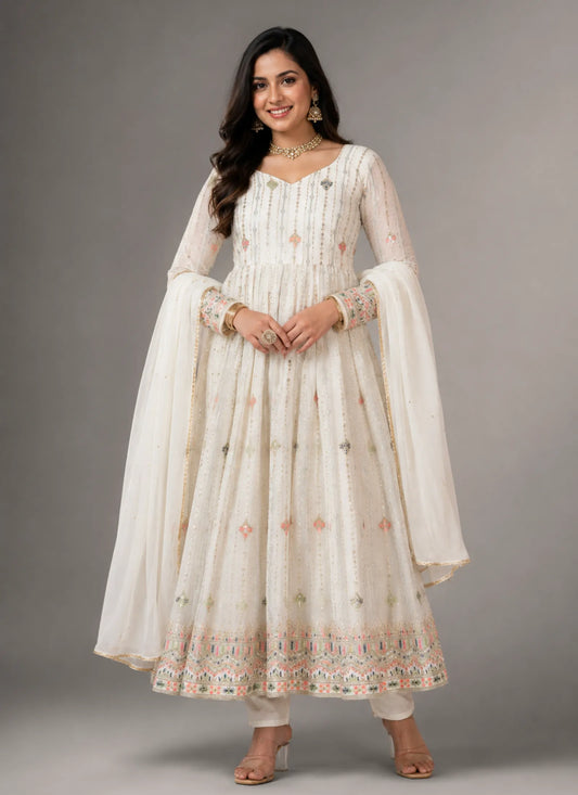 White Zari Embroidered Designer Anarkali Suit