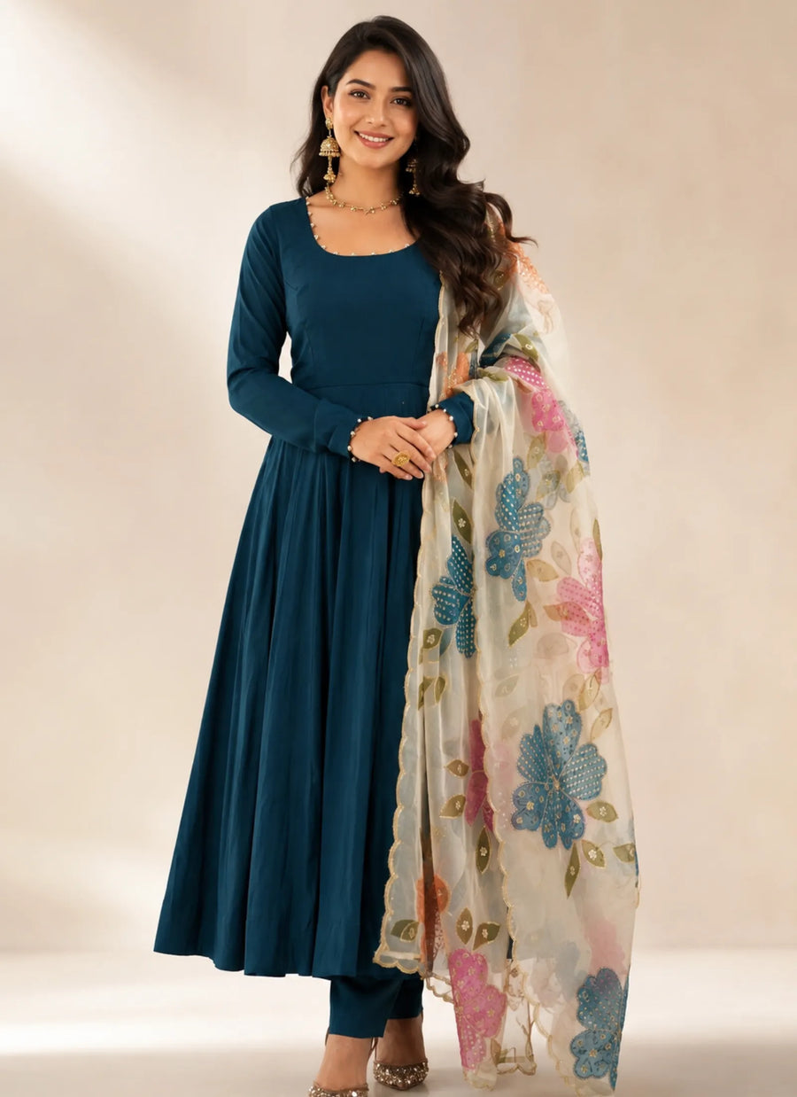Tealblue Pure Roman Silk Anarkali Suit