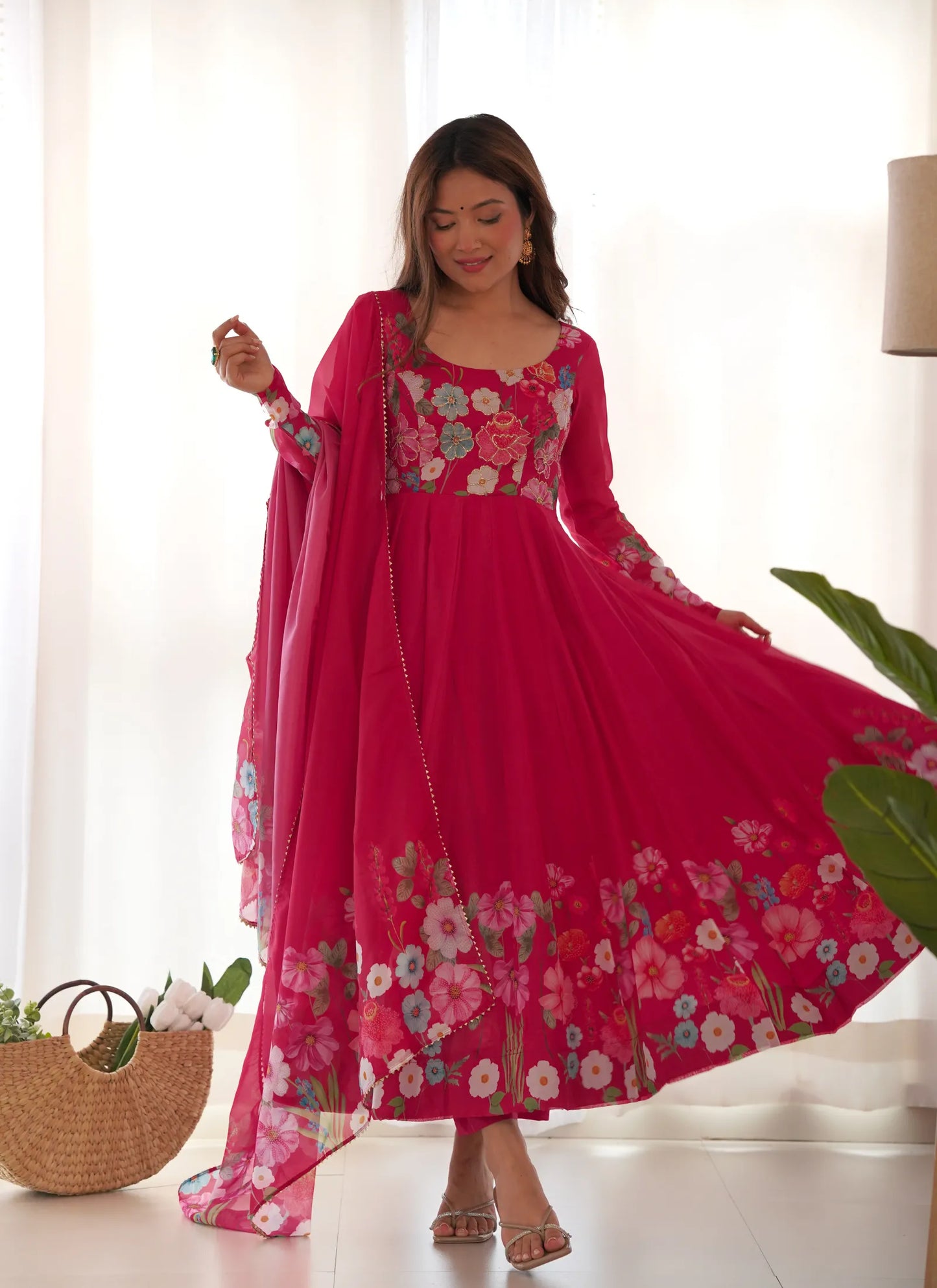 Pure Soft Organja Silk Anarkali Pink