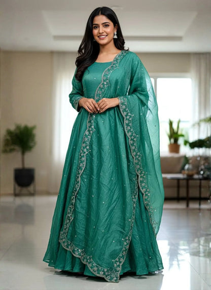 Embroidery Zari Work Silk Gown Teal