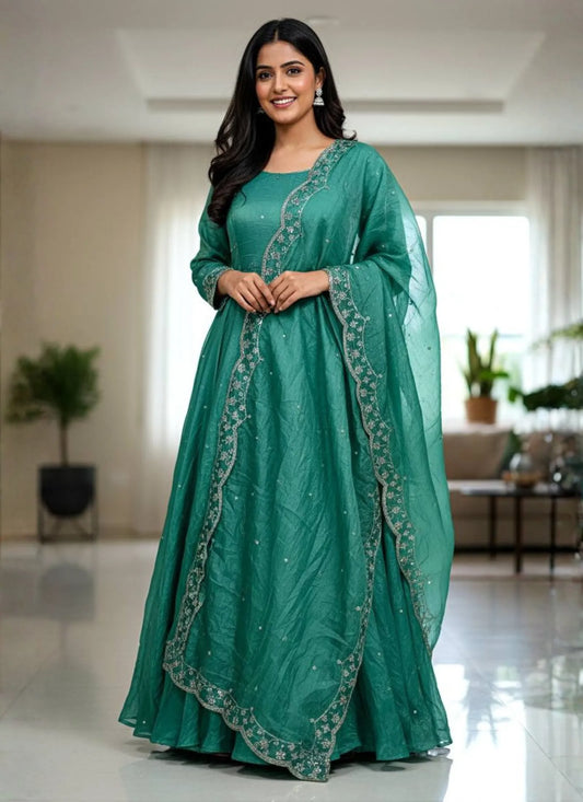 Embroidery Zari Work Silk Gown Teal