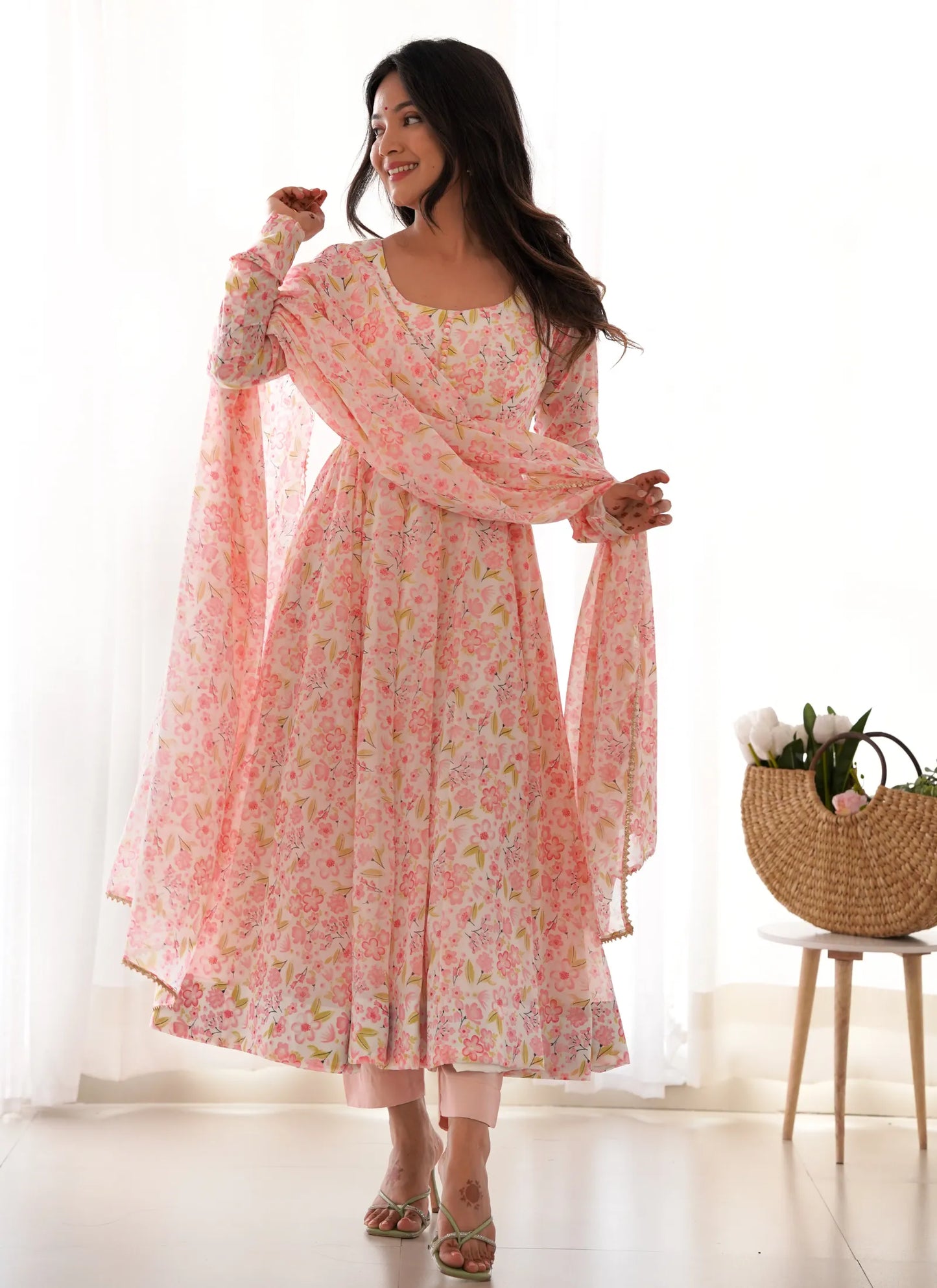 Pure Chiffon Floral Print Anarkali Peach