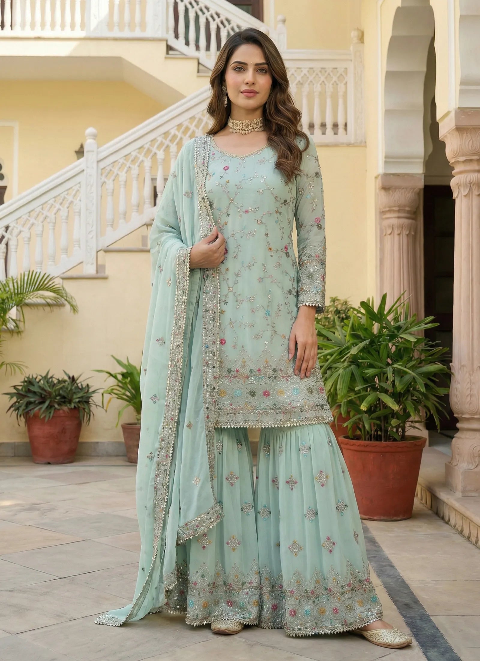 Premium Faux Georgette Sharara Set Mint