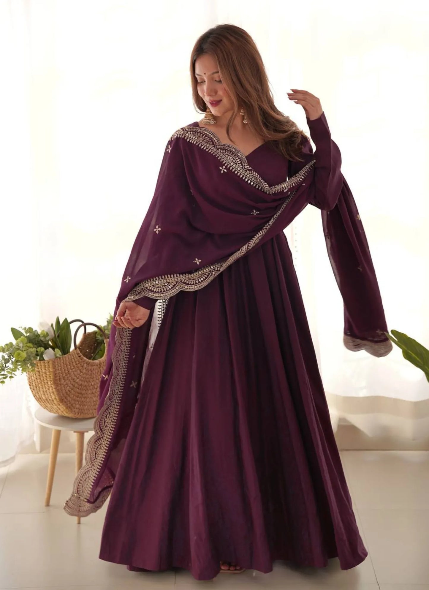 Pure Romansilk Chanderi Fabric Anarkali Wine