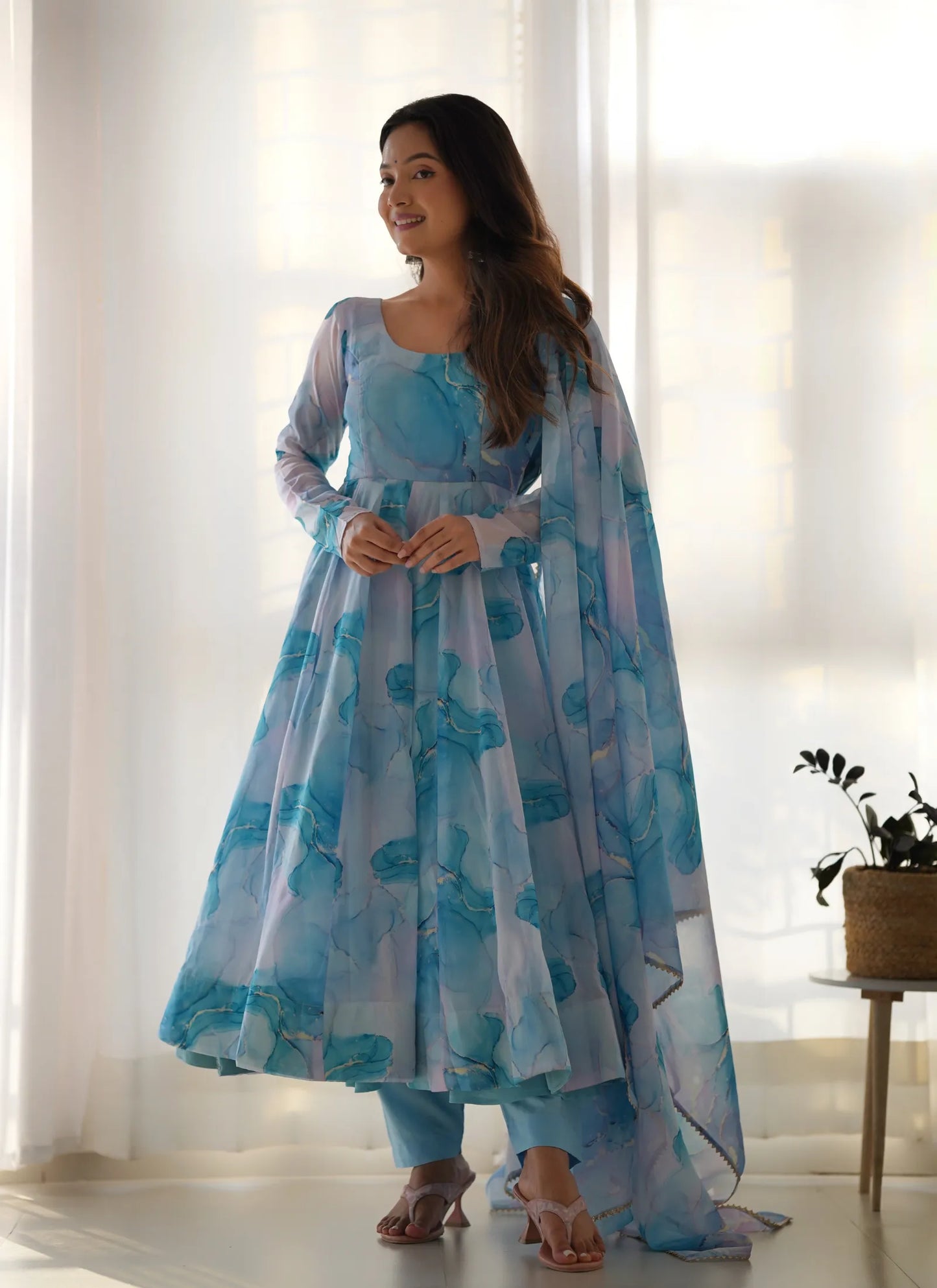 Pure Soft Organja Silk Marble Print Anarkali Sky