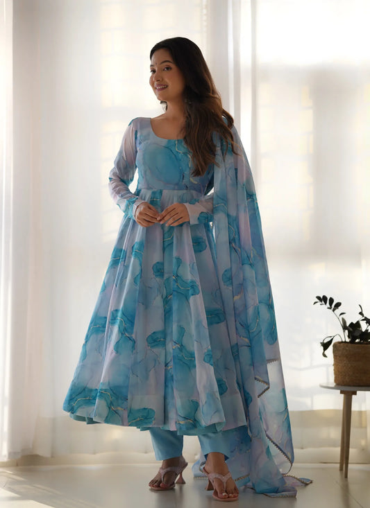 Pure Soft Organja Silk Marble Print Anarkali Sky