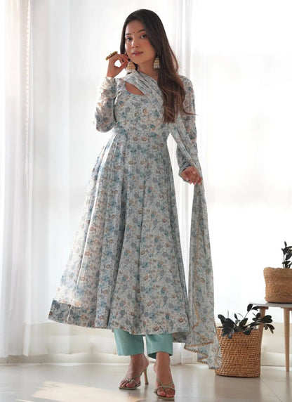 Pure Chiffon Floral Print Anarkali Sky