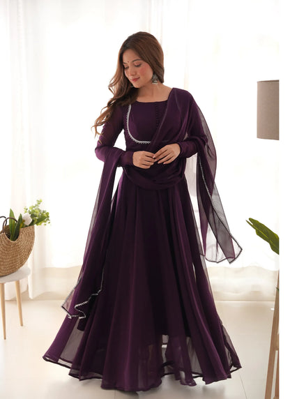 Pure Soft Fox Georgette Anarkali Wine