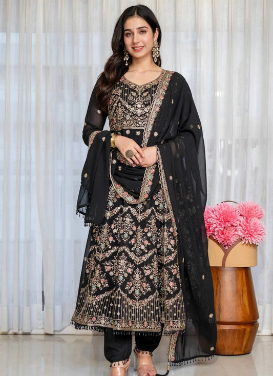 Black Faux Blooming Fabric Thread Embroidered Anarkali Suit