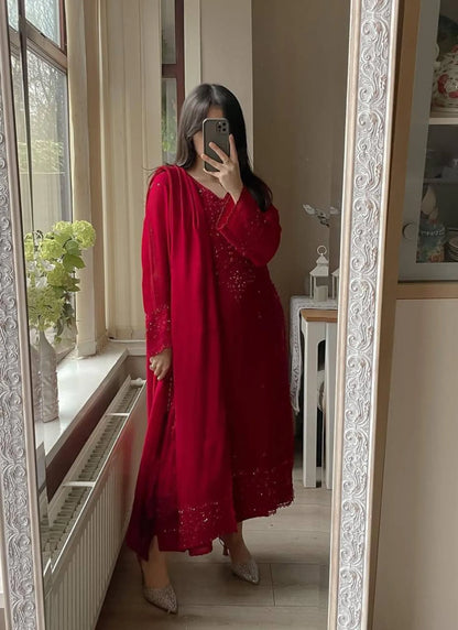 Premium Georgette Embroidery Salwar Suit Red