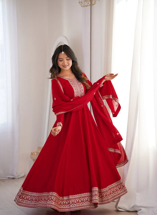 Dark Red Vichitra Silk Embroidered Gown