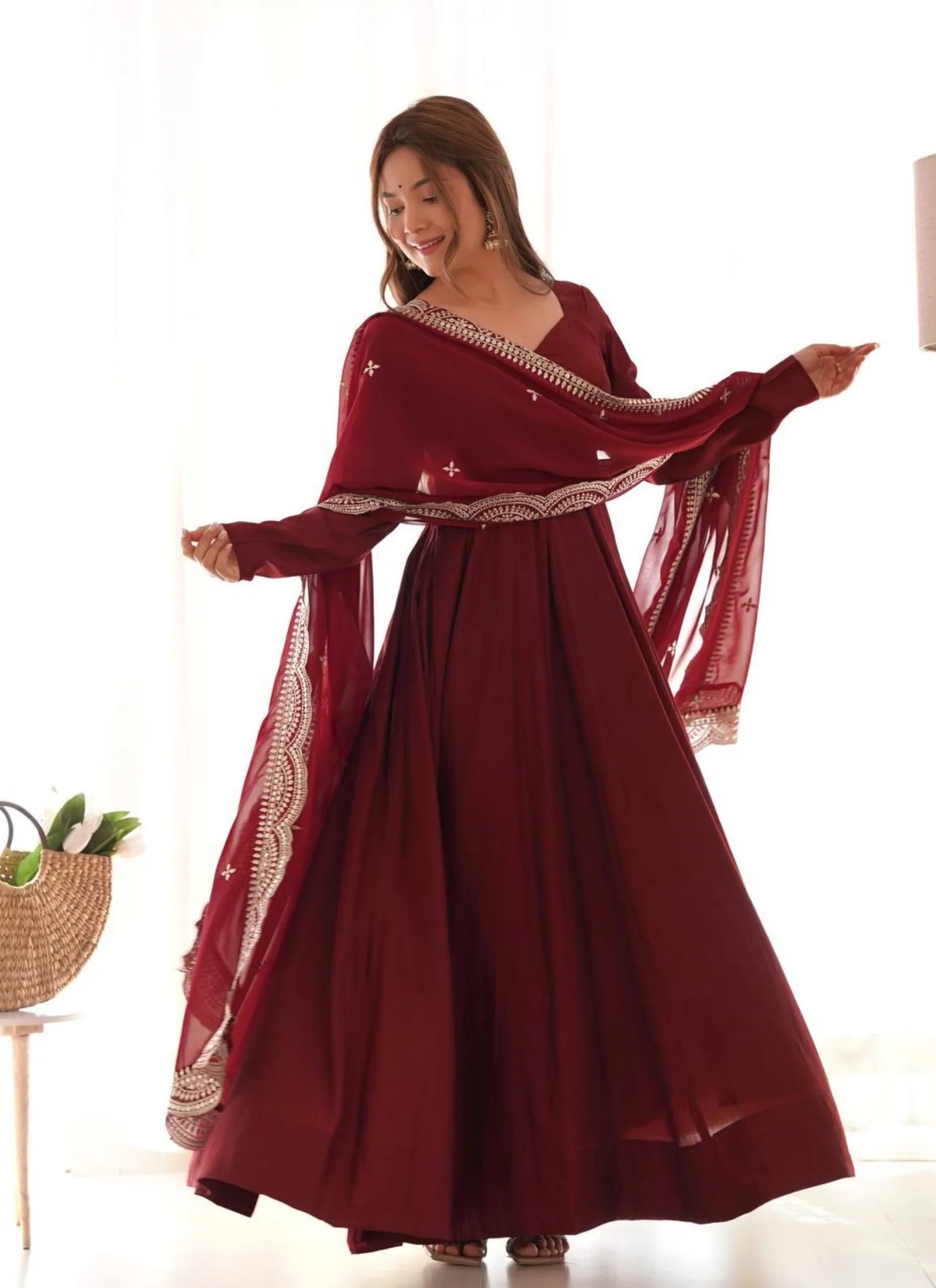 Pure Romansilk Chanderi Fabric Anarkali Maroon