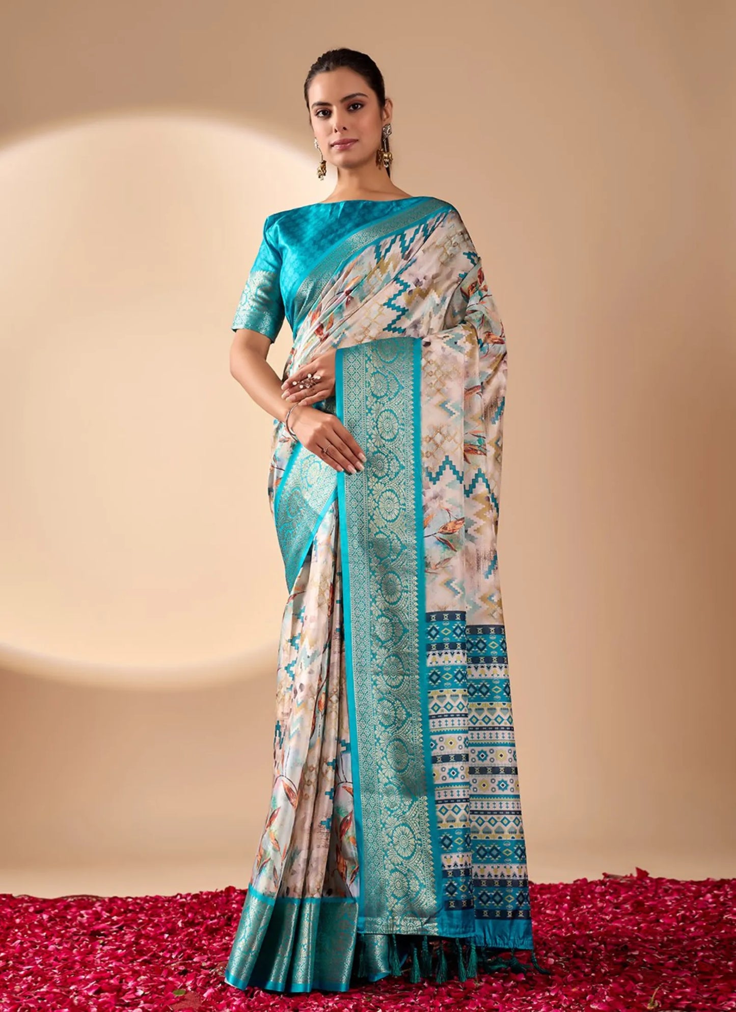 Modern Prints Soft Lichi Silk Saree Aqua