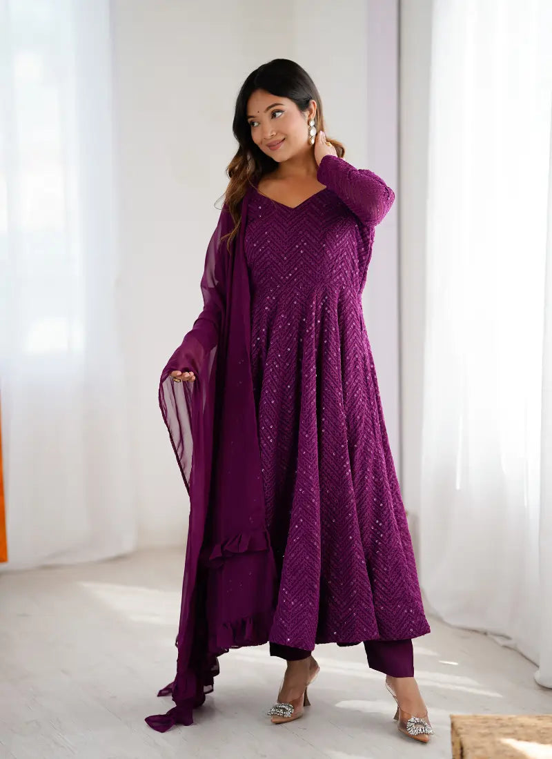 Classic Lucknowi Georgette Fabric Anarkali Suit Wine