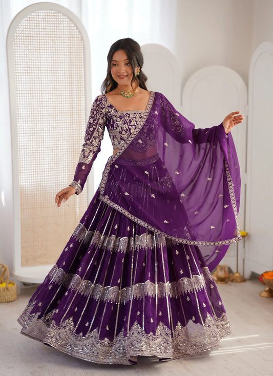 Purple Faux Georgette Thread Embroidery Lehenga Choli
