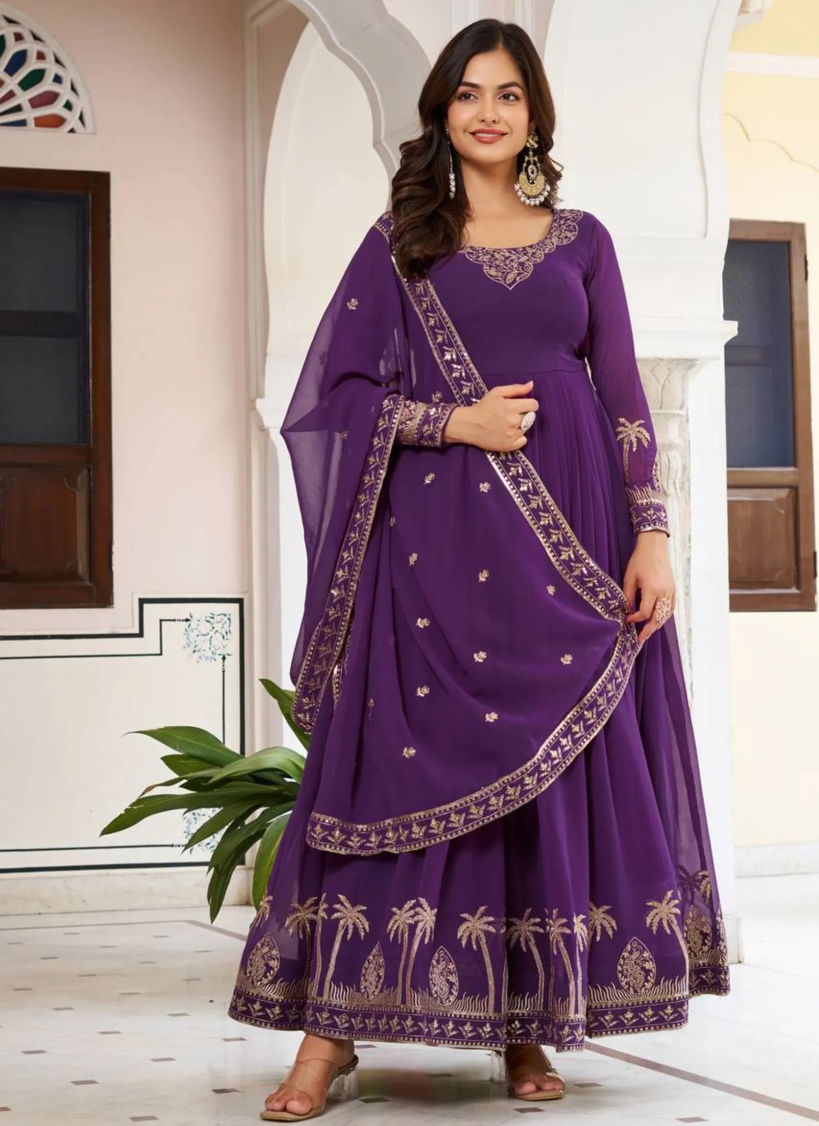 Purple Faux Georgette Thread Work Anarkali Suit