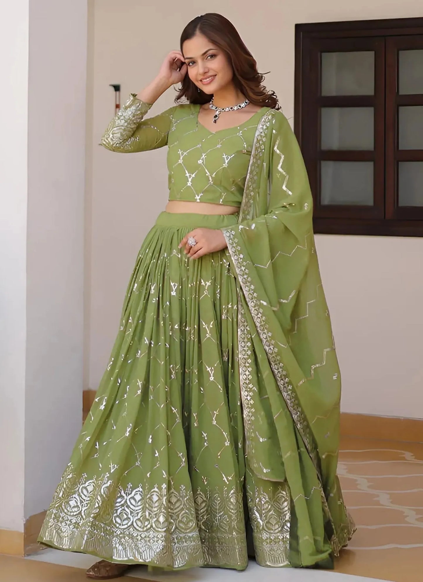 Salmon Semi Stitched Lehenga Choli Pista