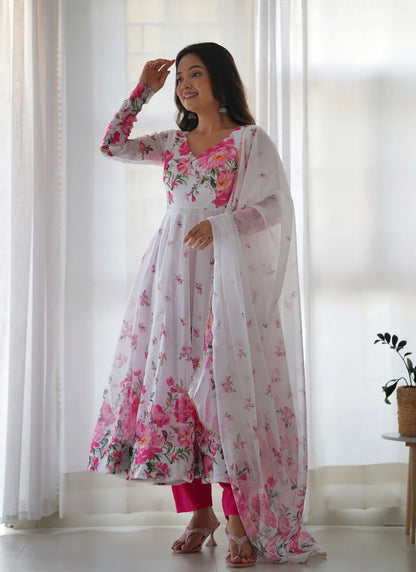 Pure Soft Organja Silk Anarkali White