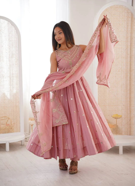 Pink Roman Silk Embroidery Anarkali Suit