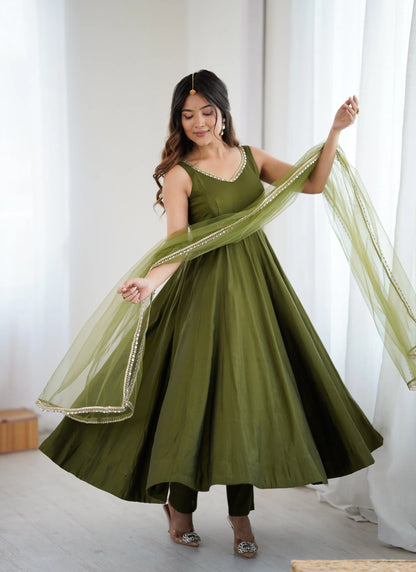 Pure Romansilk Chanderi Fabric Anarkali Mehandi