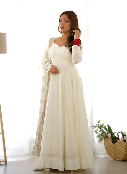 Pure Romansilk Chanderi Fabric Anarkali White