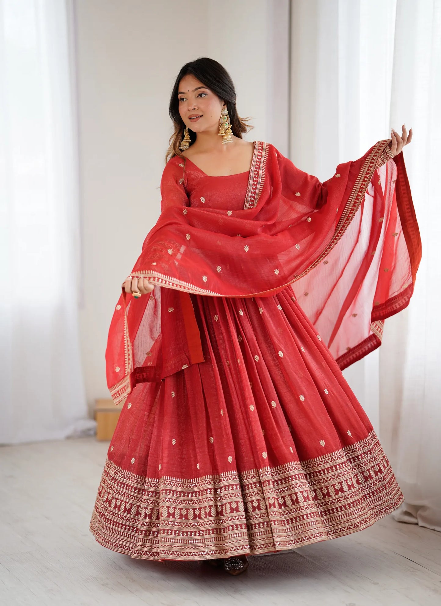 Premium Crunchy Silk Anarkali Gown Rust