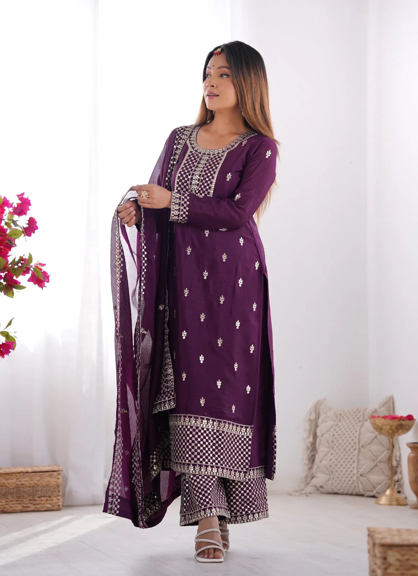 Pure Chinon Silk Embroidery Kurta Wine