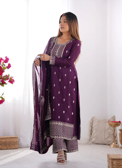 Pure Chinon Silk Embroidery Kurta Wine