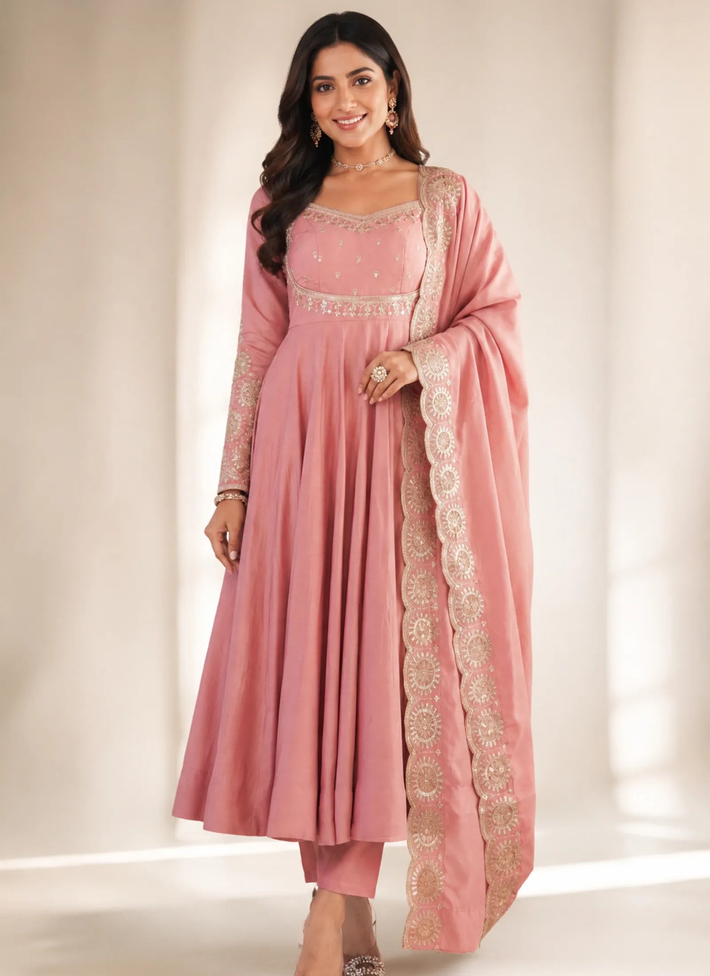 Pink Roman Silk Designer Anarkali Suit