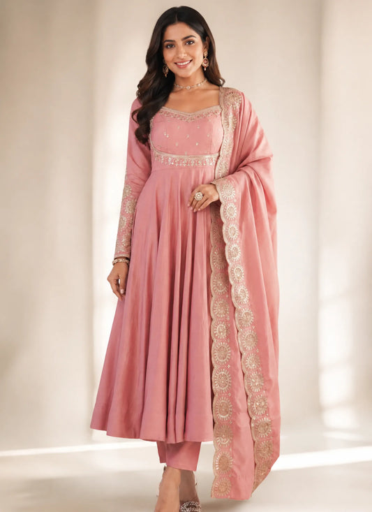 Pink Roman Silk Designer Anarkali Suit