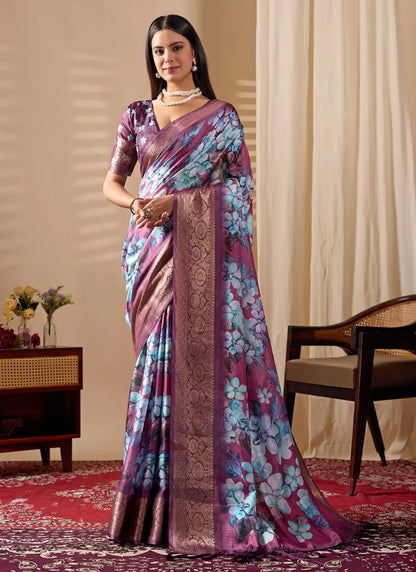 Blooming Floral Print Soft Lichi Silk Saree