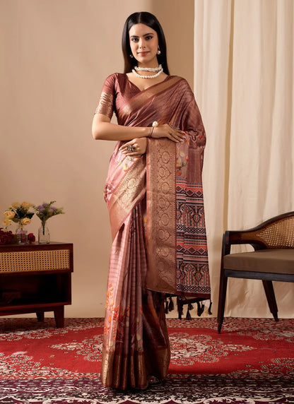Premium Soft Lichi Silk Saree Brown