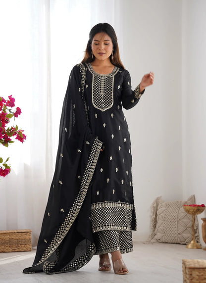 Pure Chinon Silk Embroidery Kurta Black